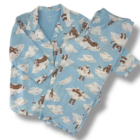 Nick & Nora Ruffle Sock Monkey Pajamas Set Women's Sz XL Blue Clouds 100% Cotton - Picture 3 of 12